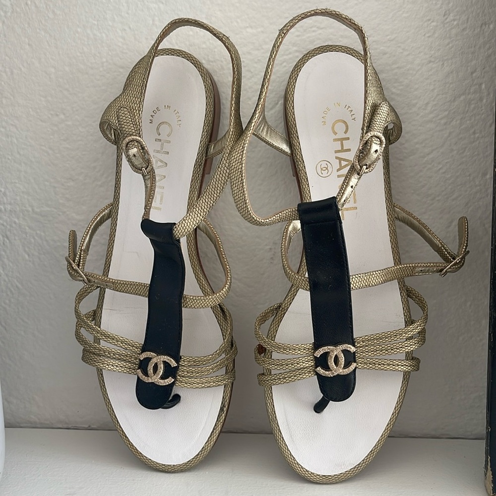 Chanel Gold/Black Leather CC T-Strap Flat Thong Sandals